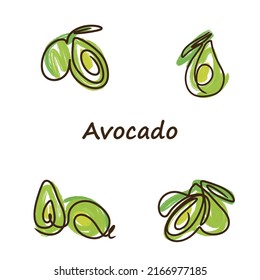 
Avocado set, line drawing, juicy, ripe and delicious, green color, a couple of fruits, acrylic painting, doodle style