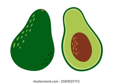 Avocado set. Tropical fruits. Half and whole exotic fruits. Collection of organic vitamins and healthy nutrition. Flat Vector illustration isolated on white background