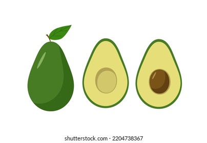 Conjunto de aguacates enteros y mitades con hueso. Ilustración vectorial de la fruta fresca del aguacate.