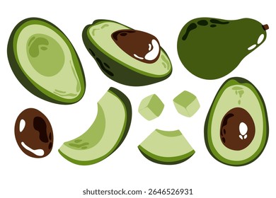 Conjunto abacate. Abacates inteiros e fatiados, estilo de desenho animado de frutas verdes maduras, comida tropical orgânica com e sem semente, dieta saudável conceito de nutrição. Coleção de abacate vetorial.