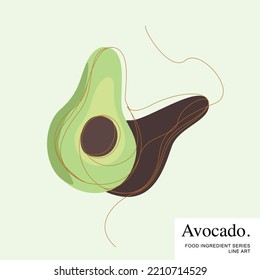 Conjunto de aguacate entero y rebanado con hoja, plantilla de vectores de arte de línea de ingredientes alimentarios