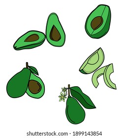 Avocado set, whole slices of green fruit with brown pits vector illustration