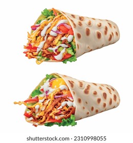 Avocado Shawarma with eggs and onion in lavash realistic 3d vector graphic isolated white background for menu