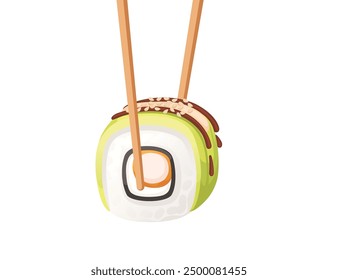 Avocado with shrimp sushi roll held by chopsticks. Japanese cuisine promotions and restaurant menus. Delivery asian food service. Vector illustration isolated on white background.
