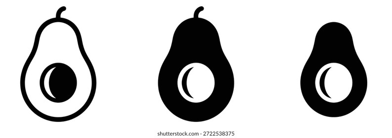 Avocado Silhouetten in verschiedenen Stilen und Beleuchtung, Avocado Icons in schwarzer Linie und gefüllt Versionen, Avocado Frucht. Schwarze Silhouetten von Avocadofrucht einzeln, Reihe von Vektorgrafiken