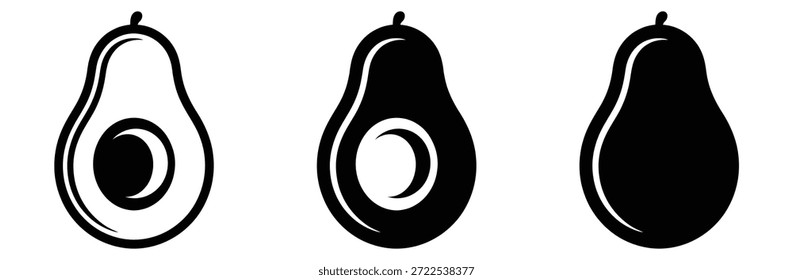 Avocado Silhouetten in verschiedenen Stilen und Beleuchtung, Avocado Icons in schwarzer Linie und gefüllt Versionen, Avocado Frucht. Schwarze Silhouetten von Avocadofrucht einzeln, Reihe von Vektorgrafiken