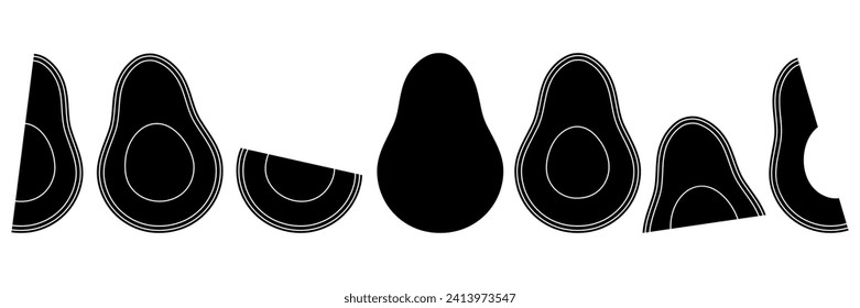 Avocado silhouettes parts set. Whole, half and slices of avocado collection. Vector illustration isolated on white.