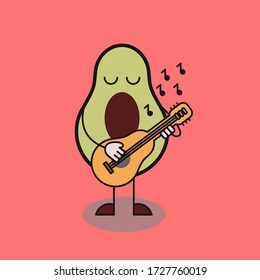 Avocado singing song and playing guitar. Vector flat cartoon color character isolated