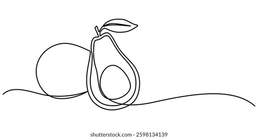 Avocado Single Line Icon, Continuous one single minimal line drawing Avocado, Avocado continuous line drawing vector illustration. A half of avocado superfood line art illustration, white background.