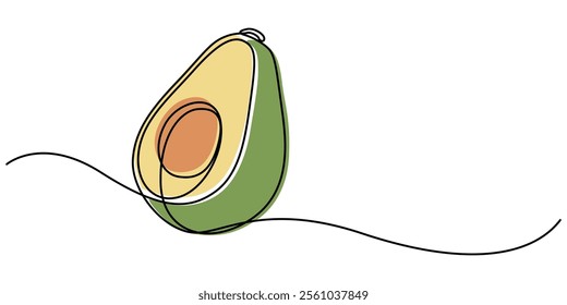 Avocado Single Line Icon, One continuous line illustration of an avocado, isolated on white background. Line art of an avocado, avocado fruit continuous line vector illustration design, pro vector. 