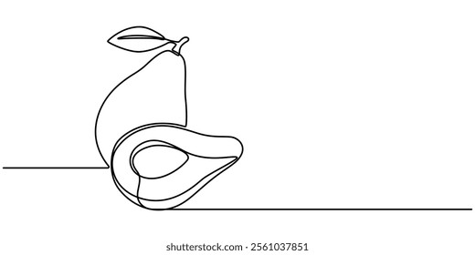 Avocado Single Line Icon, One continuous line illustration of an avocado, isolated on white background. Line art of an avocado, avocado fruit continuous line vector illustration design, pro vector. 