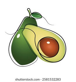 Avocado Single Line Icon, One continuous line illustration of an avocado, isolated on white background. Line art of an avocado, avocado fruit continuous line vector illustration design, pro vector.