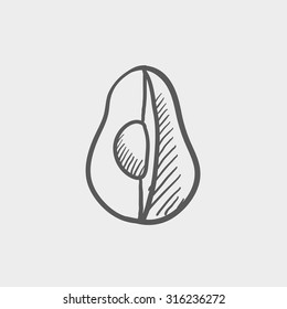 Avocado sketch icon for web, mobile and infographics. Hand drawn vector dark grey icon isolated on light grey background.