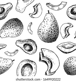 Avocado sketch pattern. Hand drawn black avocado on transparent background. Seamless vector backdrop