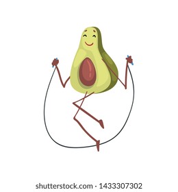 Avocado Skipping with Jump Rope, Funny Exotic Fruit Athlete Cartoon Character Doing Sports Vector Illustration