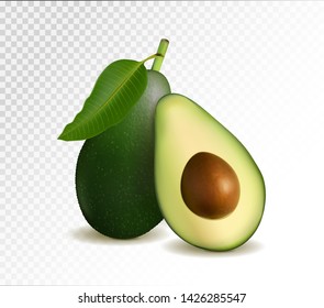 Avocado and slice isolated on transparent background. Photo-realistic vector illustration, 3d