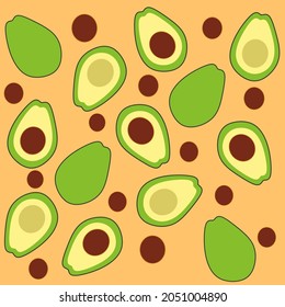 El aguacate recorta el patrón sin fisuras en el estilo dibujado a mano. Vector de fondo de fruta repetitivo para la tela de verano, decoración, fondo, textil, adorno, ornamentado, papel pintado y diseño de moda.