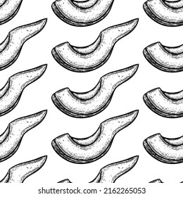 Avocado slice seamless vector pattern. Peeled cut piece of ripe garden fruit. Fresh exotic vegetable outline. Hand drawn monochrome food sketch. Illustration isolated on white background, engraving