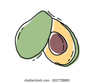 Avocado slice Vector hand drawn vector illustration. Tropical summer fruit engraved style. Detailed food drawing. Great for label, poster, print.