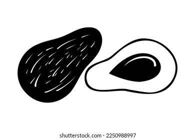 Avocado Sliced in linear style. Hand drawn clipart of avocado and sliced piece isolated on white background, doodle drawing