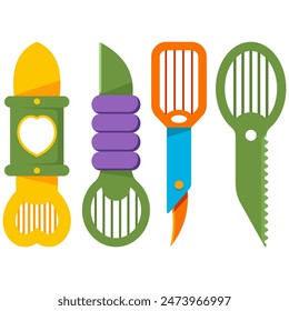 Avocado slicers vector cartoon set isolated on a white background.