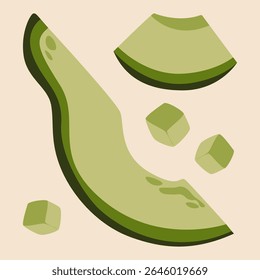 Fatias de abacate. Frutos maduros picados com casca verde sem semente, superalimento orgânico saudável, ingredientes vegetarianos tropicais. Conjunto isolado do vetor.
