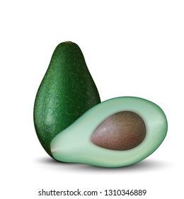 Avocado slices isolated on white background. Realistic 3d vector illustration.