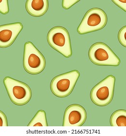 Avocado slices on a green background. Vector seamless pattern