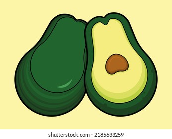 avocado slices in yellow and green with pit on white background	