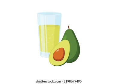 avocado smoothie in glass with avocado fruit, flat style vector illustration