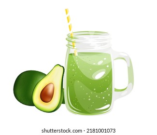 Avocado smoothie in a glass jar.Refreshing drink with straw and avocado.Vector illustration on a white background.