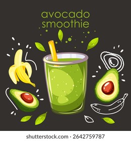 Smoothie abacate. Smoothie verde em um copo com abacate e banana. Ilustração vetorial.