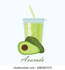 avocado smoothie in plastic cup with avocado fruit, vector illustration