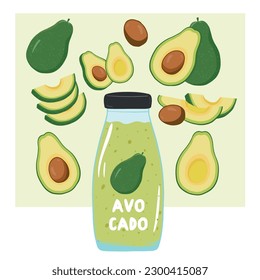 Avocado smoothies with set of fresh whole, half, cut slice and leaves avocado. Summer fruits for healthy lifestyle. Vector illustration for any design.
