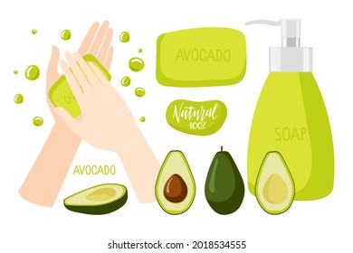 Avocado soap. Two human hands used soap, bar of soap, bottle with liquid soap, avocado fruit, Natural inscription. Vector flat Illustration for natural organic product shop, aroma therapy, cosmetic.