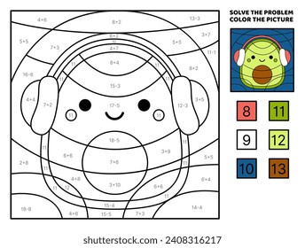 Avocado. Solve the problem, color the picture. Addition, Subtraction. Coloring book. Kawaii, cartoon, vector. Isolated vector illustration eps 10