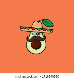 Avocado with sombrero hat and face with moustache cartoon character vector illustration. Healthy mexican food symbol