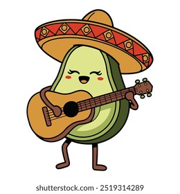 Abacate em sombrero toca desenho animado de guitarra