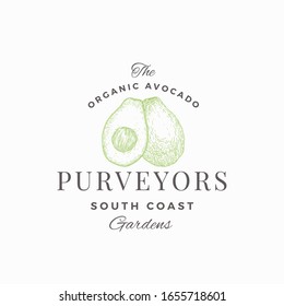 Avocado South Farm Abstract Vector Sign, Symbol or Logo Template. Hand Drawn Sketch Fruit with Retro Typography. Vintage Luxury Emblem. Isolated.