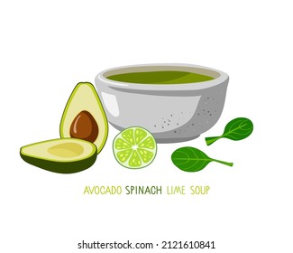 Avocado spinach lime soup. Green Soup bowl and ingredients for cooking dish. Home healthy cold Cream soup recipe. Vegetarian dish. Healthy dietary. Food eco template for menu, cooking class