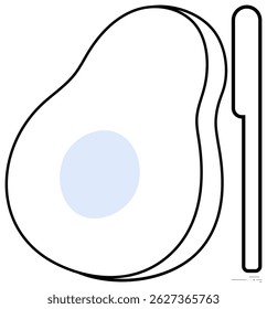 Avocado split in half with visible seed, accompanied by a knife. Ideal for food-related concepts, healthy eating, kitchen tools, vegan lifestyle, organic produce, minimalist art, culinary