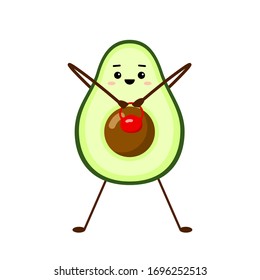 Avocado sport with red weight. Avocado character design on white background. Morning exercises. Cute illustration for greeting cards, stickers, fabric, websites and prints.
