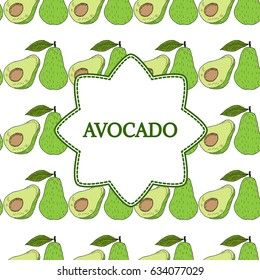 Avocado square banner in color. Whole avocado, sliced pieces, half, leaf and seed sketch. Vintage hand drawn sketch illustration. Linear graphic, line art.