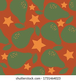 Patrones de aguacate y estrellas para el embalaje impreso, de tela y orgánico, vegano, de productos crudos.