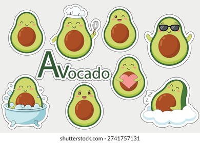 Avocado sticker set featuring a smiling avocado, a chef's hat, sunglasses, a heart, taking a bubble bath, and sleeping on a cloud.