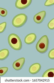 Avocado with a stone and without it, on a pale blue background in a chaotic manner in a flat style