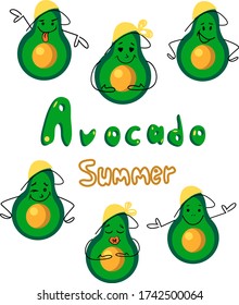 Avocado summer  banner .Set of differents funny emocion avocado . Smile and happy avicados.Vector stock.