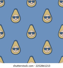 Avocado with sunglasses vector seamless pattern. Cute repeat background for textile, design, fabric, cover etc.