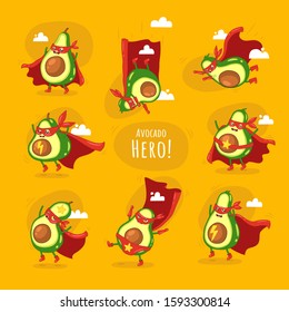 Avocado super hero funny cartoon character. Vector concept illustration with cute avocados isolated on background. Use for card, poster, banner, web design and print on t-shirt. Easy to edit.