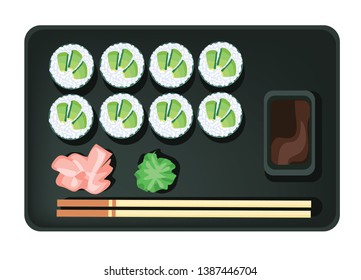 avocado Sushi restaurant plate with chopsticks soy sauce wasabi and ginger